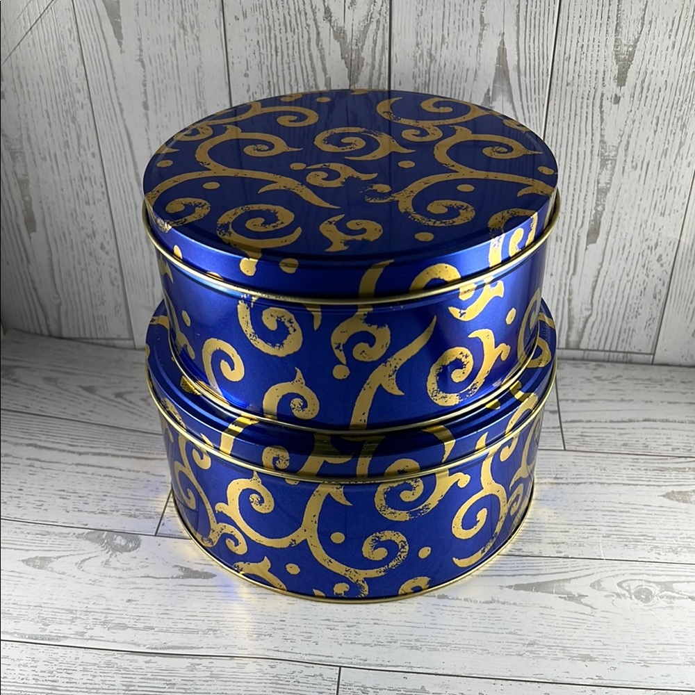 Vintage Blue and Gold Decorative Nesting Tin Set